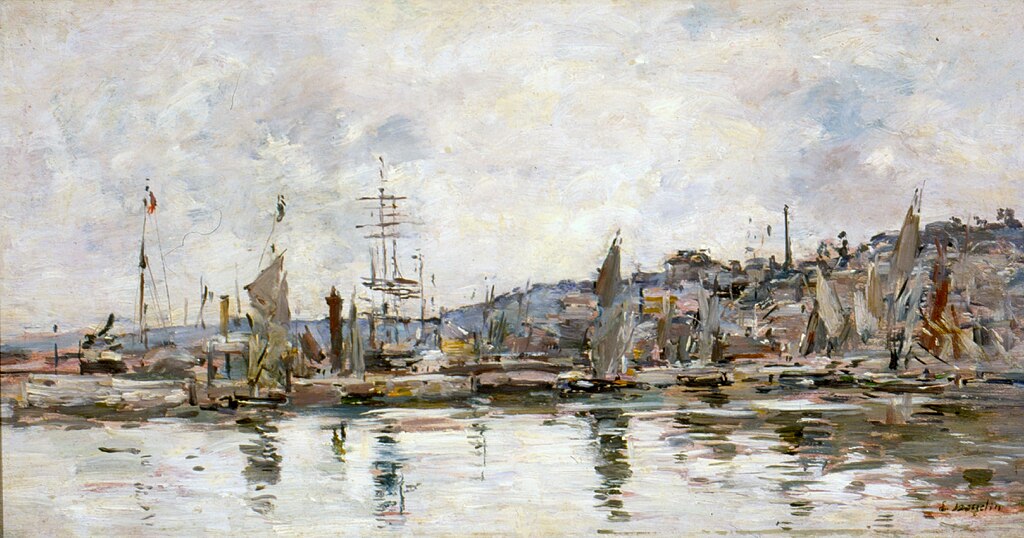 Eugene Boudin: Honflueur. Lqrge sky, water in front and ships and boats, large and small sailing boats in harbour with hills behind