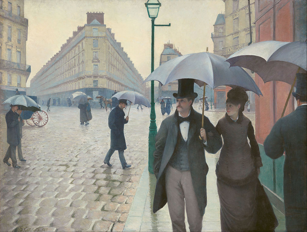 Rainy Day by Gustave Caillebotte Impressionist showing two well dressed 19th century people under an umbrella in a raily Paris cobbled street with buildings behind