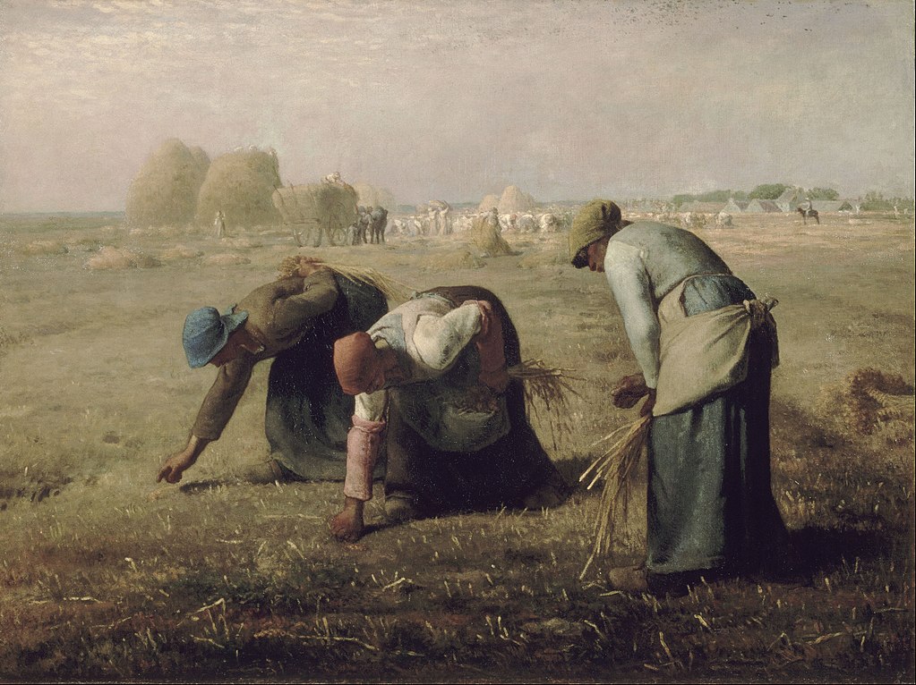 Jean Francois Millet's painting The Gleaners with three women in long skirts and turbans bending over picking up straw from the ground with buildings in background