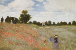 Paintingof poppies by Claude Manet with bank of grass covered in poppies to left and woman walking down path in 19th century long dress