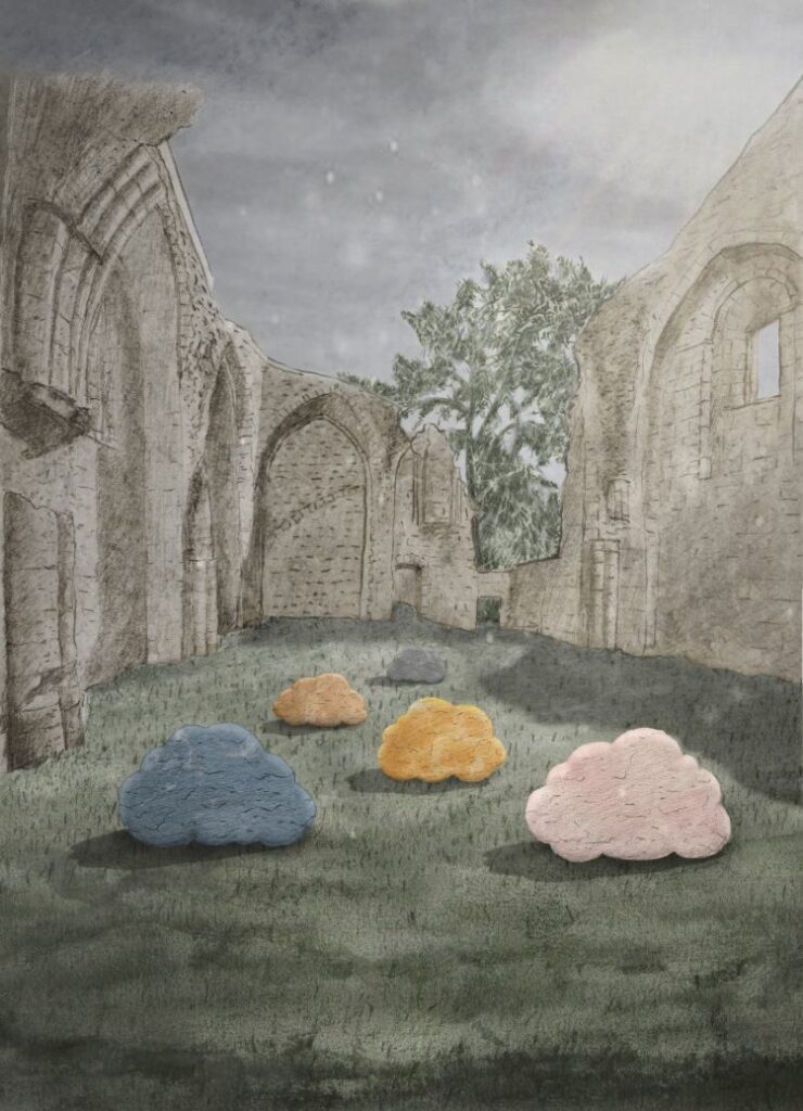 Fantasy, imaginative immersive experience at Jumieges showing strange coloured clouds on ground between abbey ruins