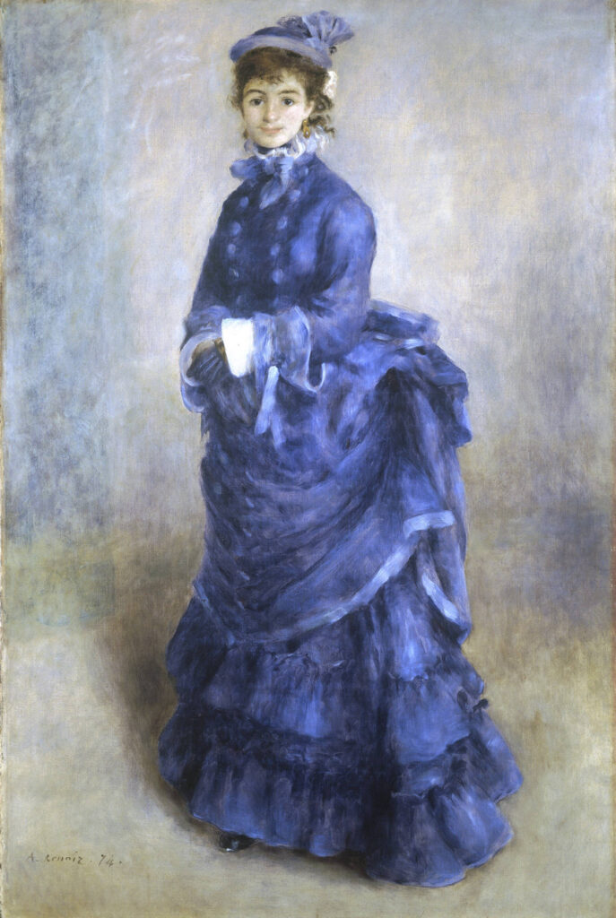 Pierre August Renoir - La Parisienne. Famous painting of beautiful lady in flowing, bustling blue costume