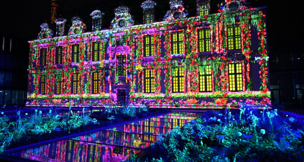 Chartres lit up festival with front of huge classical building lit up like a garden with different colours reflected inpond in front