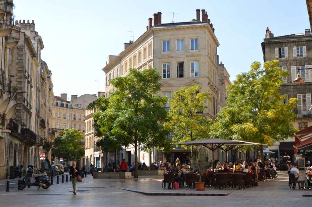 bordeaux square with rectangular shaped building facing square with trees