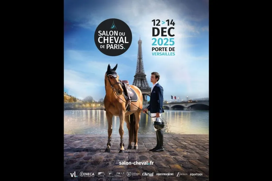 Poster of Salon du Cheval 2025 with horse and rider standing beside and eiffel Tower in background