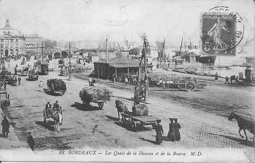 Bordeaux docks with old black and white postcard