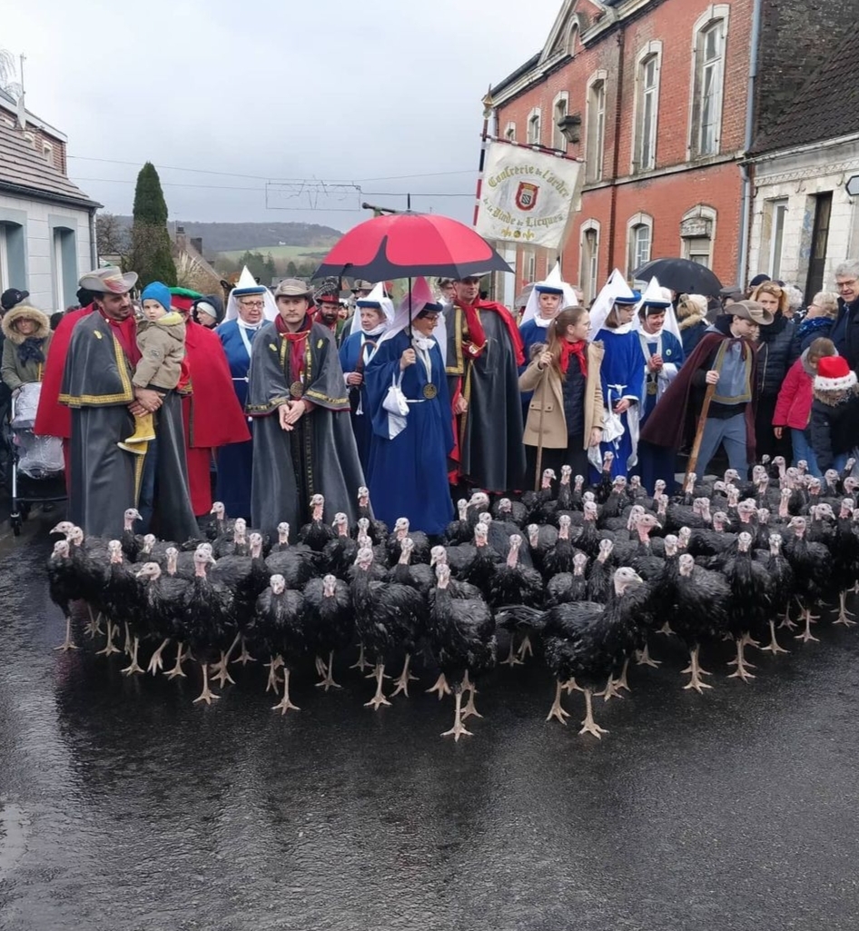 Licques turkey festival with black turkeys in street in front of people in costumes