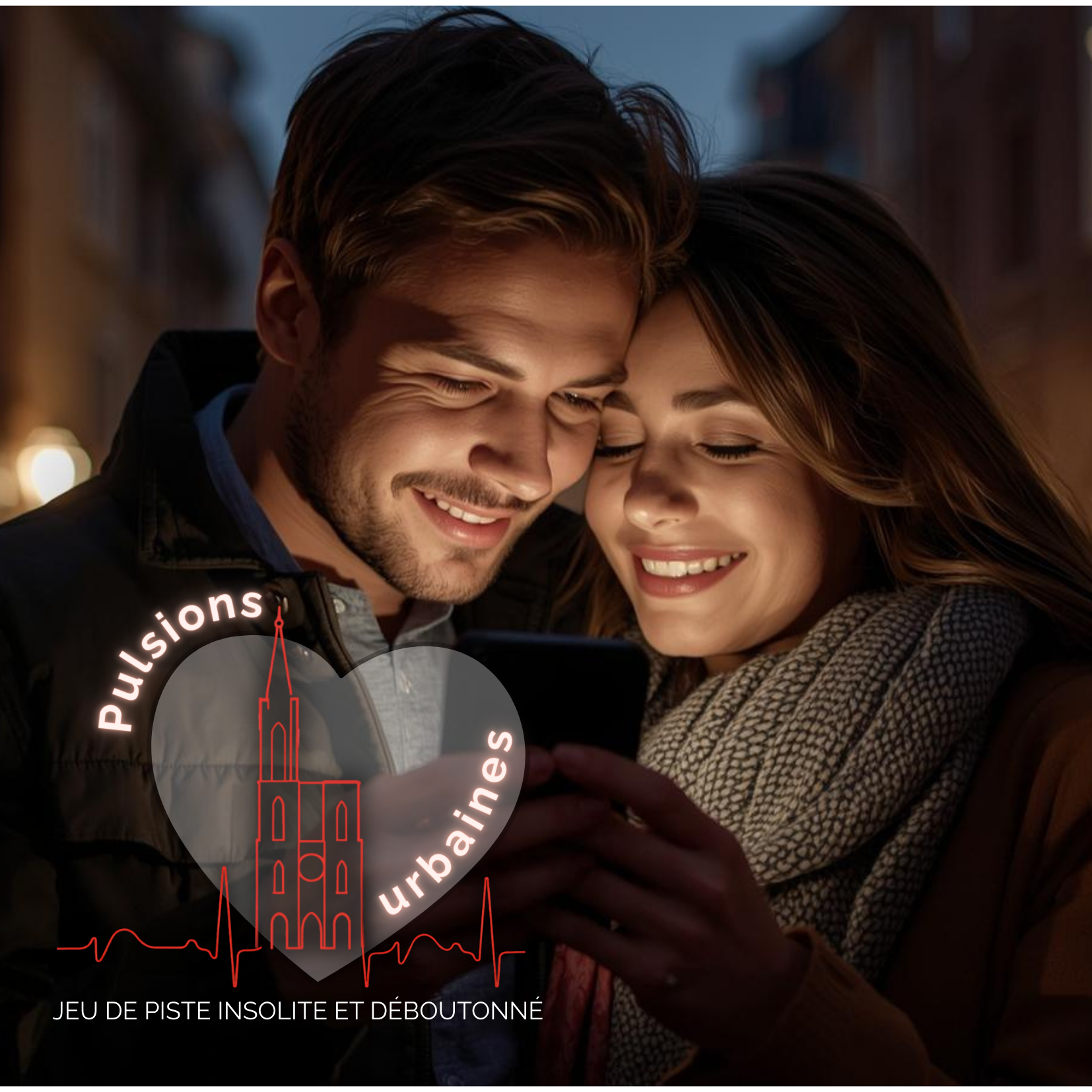 Strasburg Mon Amour with couple touching faces and looking at mobilephone with heart in front