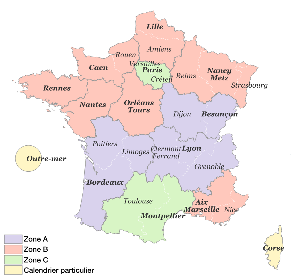Map of French school holiday zones, A to C