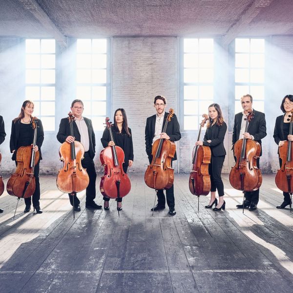 Colmar group of cellists standing with instruments