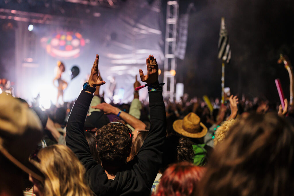 Vestival Bout du Monde from back of audience with crowd hands in air and stage
