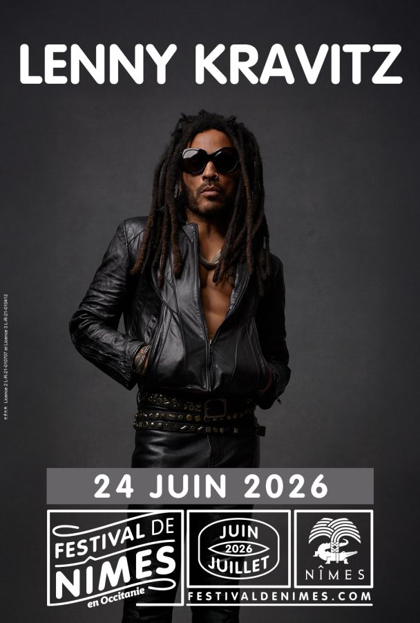 Poster for Festival de Nimes with Lenny Kravitz in black and date June 24 2026