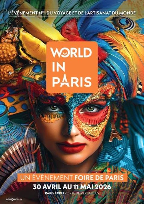 World in Paris Festival 2026 poster with woman with face painted wearing stunning hat