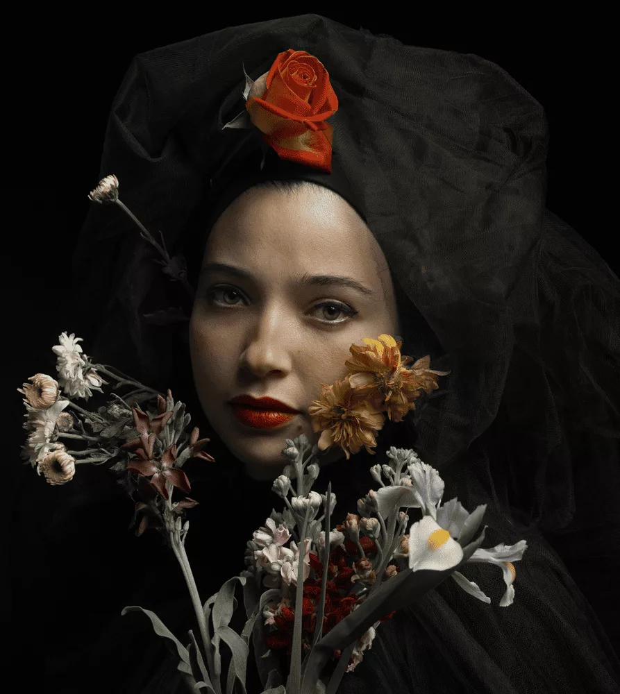 Meryem Aboualouafa Moroccan singer in dramatic image with red headdress