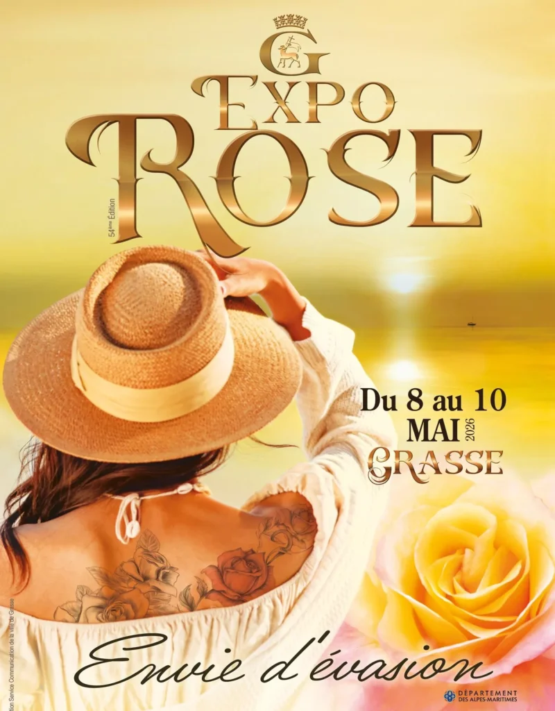 Poster for Expo Rose Grass exhibition with woman in hat from behind and words, mainly gold colours