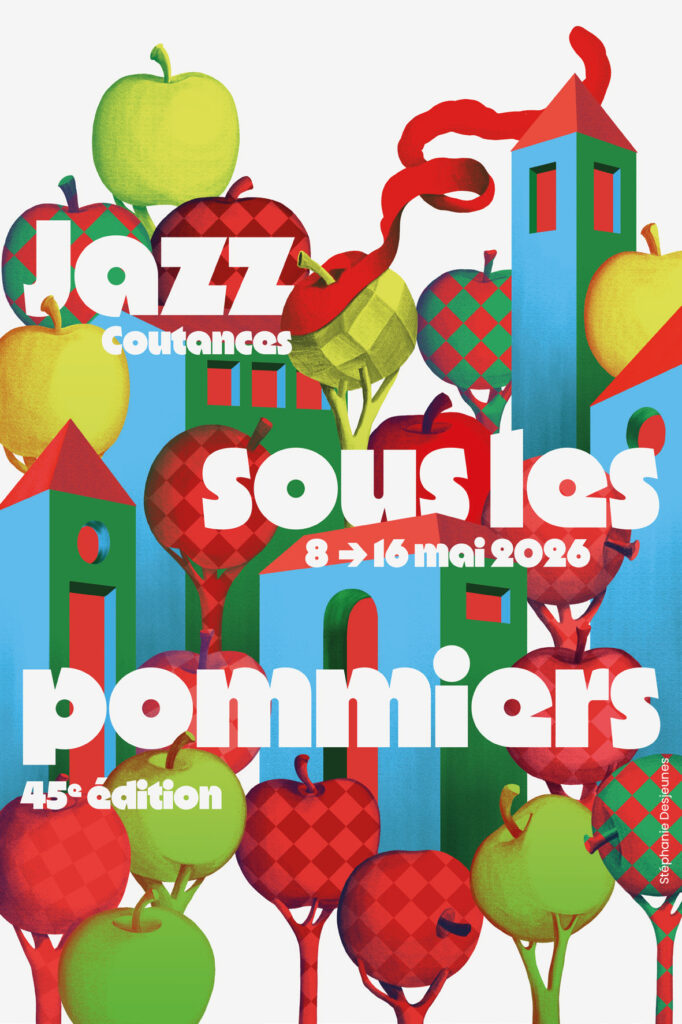 Jazz sous les pommiers 2026 poster with abstracts pictures background and words and dates May 2026