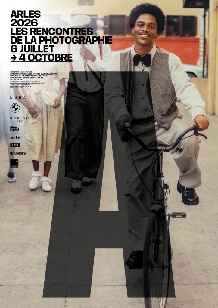Les Recontres d'Arles photography exhibition poster with bit black A in front of guy cycling and other behind