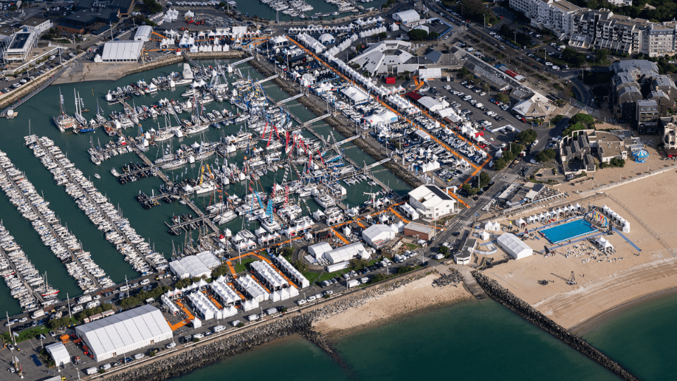 Aerial view of the Grand pavois La Rochelle with boats in harbout