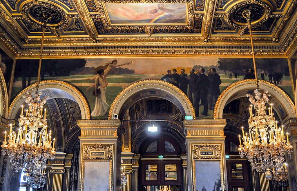 Hotel de Ville in Paris interior with gilded arches and painted walls and ceilings