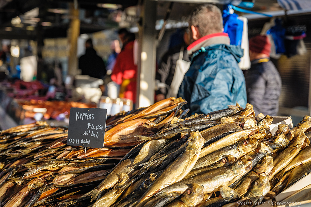Lieurey Herring Festival with man at stall with huge numbers of kippers on it