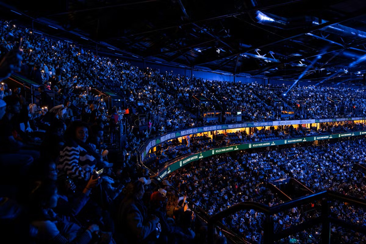Rolex Paris Masters with aerial shot way above huge crowd sitting in tiered seats