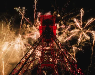 Sainte barbe festival in lens with huge steel structure lit up with fireworks
