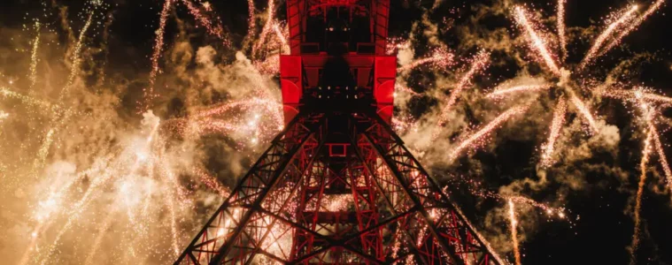 Sainte barbe festival in lens with huge steel structure lit up with fireworks