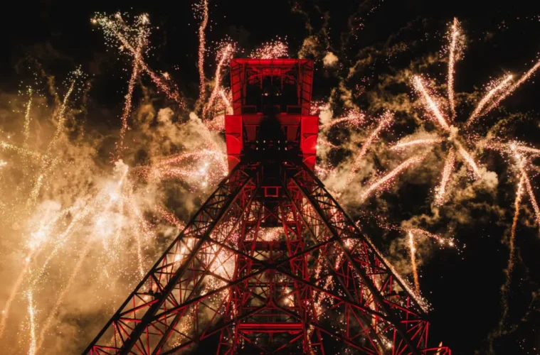 Sainte barbe festival in lens with huge steel structure lit up with fireworks