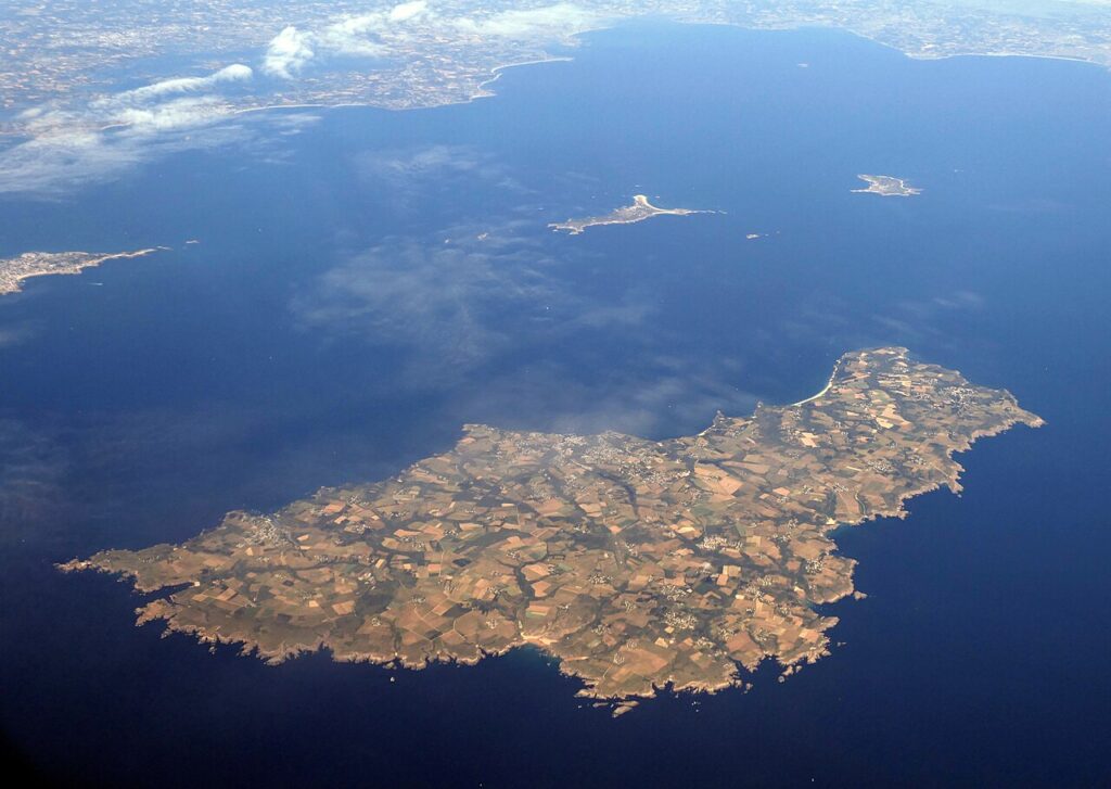 Belle-Ile Brittany island from above showing small island in blue sea