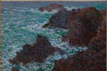 Monet Les rochers de Belle Ile with blue swirling sea to left of huge jagged rocks