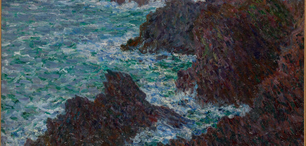 Monet Les rochers de Belle Ile with blue swirling sea to left of huge jagged rocks