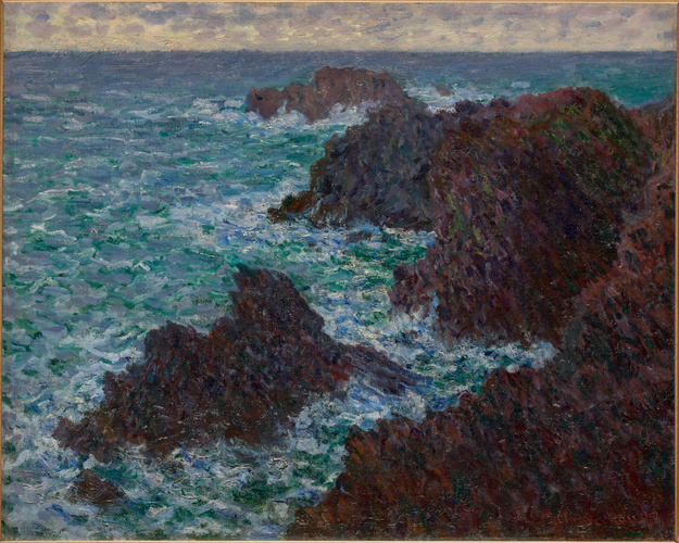 Monet Les rochers de Belle Ile with blue swirling sea to left of huge jagged rocks