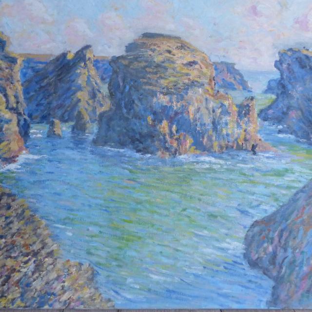 Monet painting of Les roches de Port Goulpar Brittany in gentler colours