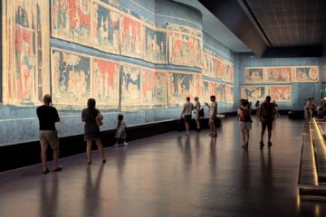 apocalypse Tapestry Gallery, Angers with people walking along beside huge tapestry panels