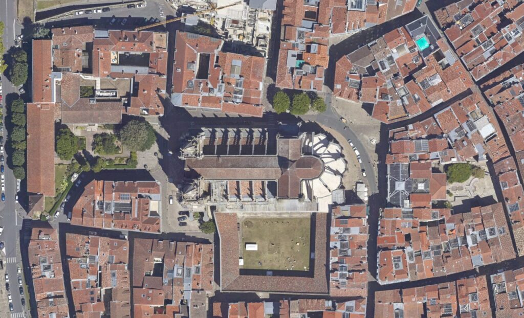 Bayonne Cathedral from the air showing perfect Gothic shape surrounded by streets