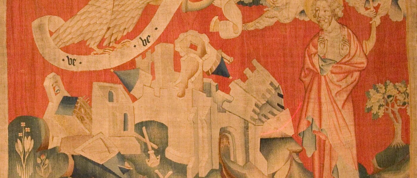 Apocalypse Tapestry Eage of Doom on red background