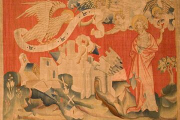 Apocalypse Tapestry Eage of Doom on red background
