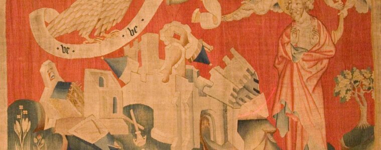 Apocalypse Tapestry Eage of Doom on red background