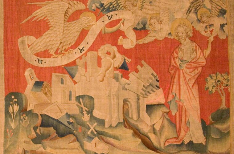 Apocalypse Tapestry Eage of Doom on red background