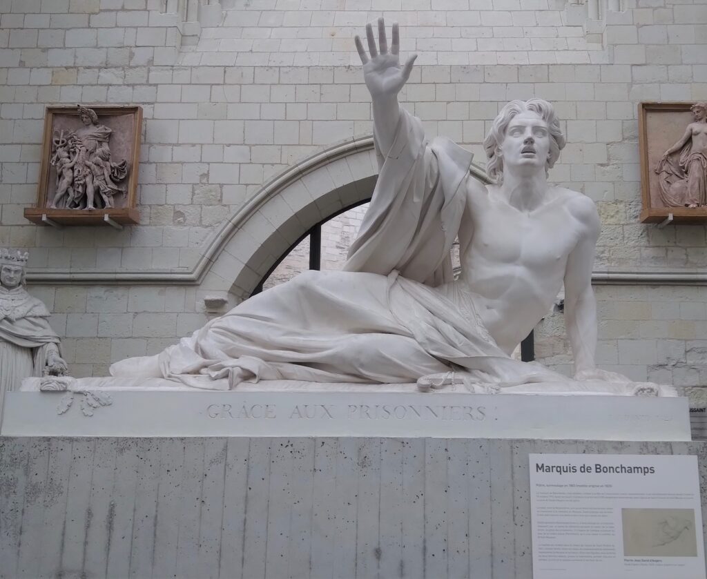 David d'Angers sculpture of Marquis de Bonchamps with hand upraised in marble